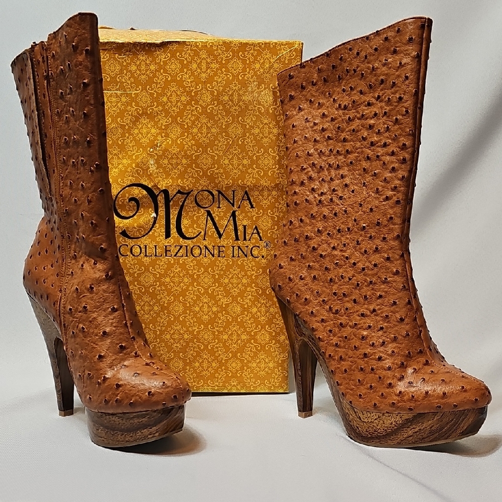 Mona Mia Collezione Lianabella Tan Ostrich-Embossed Platform Boots Size 9 NIB
